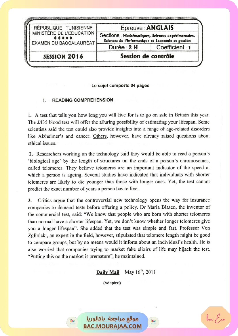 Sujet controle anglais Bac 2016 – Section eco